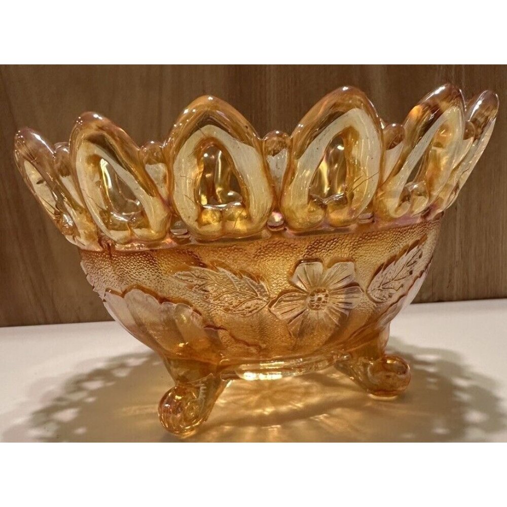 Northwood 1920s Carnival Glass Wild Rose Nut Bowl Open Lace 3 Footed